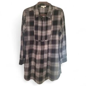 BEACH LUNCH LOUNGE women's black gray white plaid flannel pop over shirt dress L